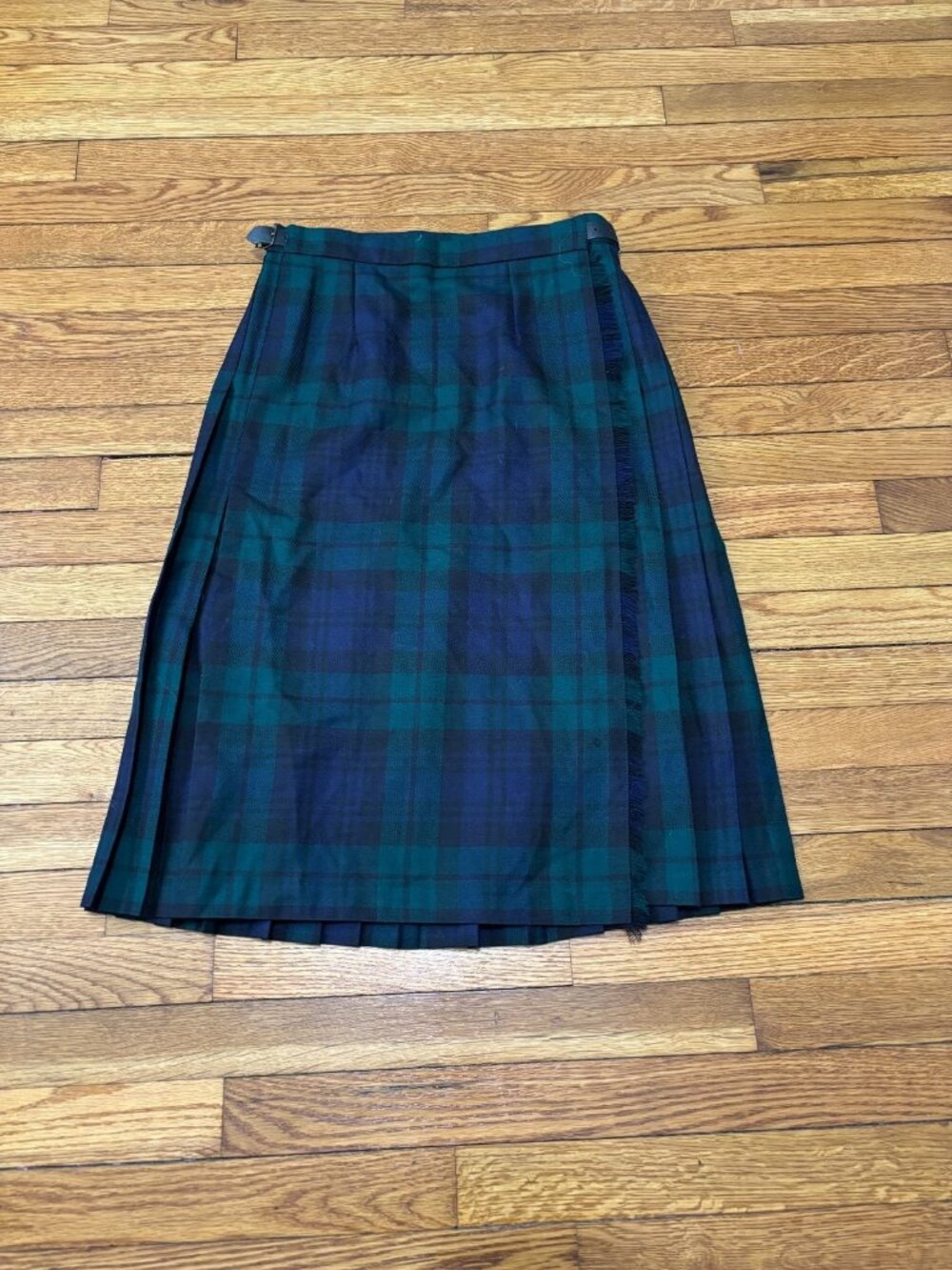 VINTAGE James Pringle Skirt Women 14 Blue Green Tartan Plaid Wool Weaver Pleated